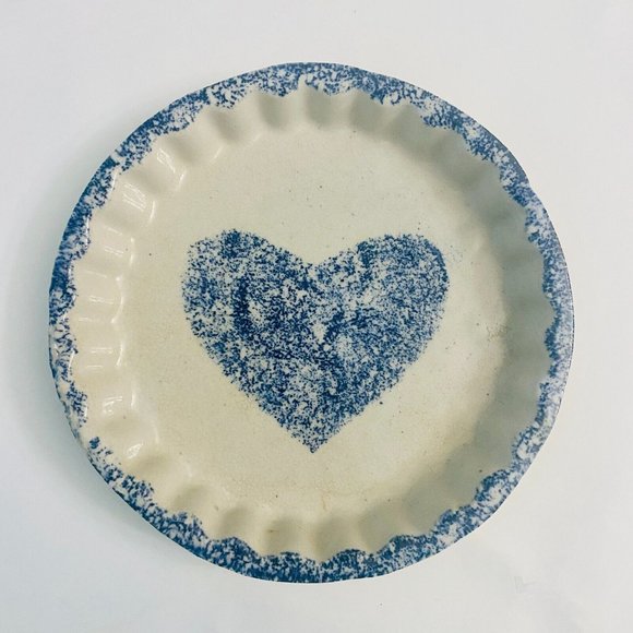 Vintage Flat Earth Pottery Spongeware Heart Baking Pie Dish Fluted Edges 1988 - Picture 5 of 6